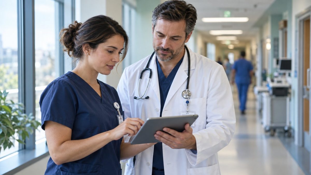 Two clinicians review a patient follow-up plan on a tablet in a hospital corridor