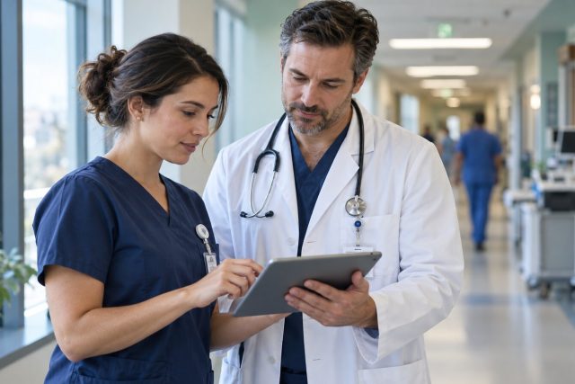 Two clinicians review a patient follow-up plan on a tablet in a hospital corridor